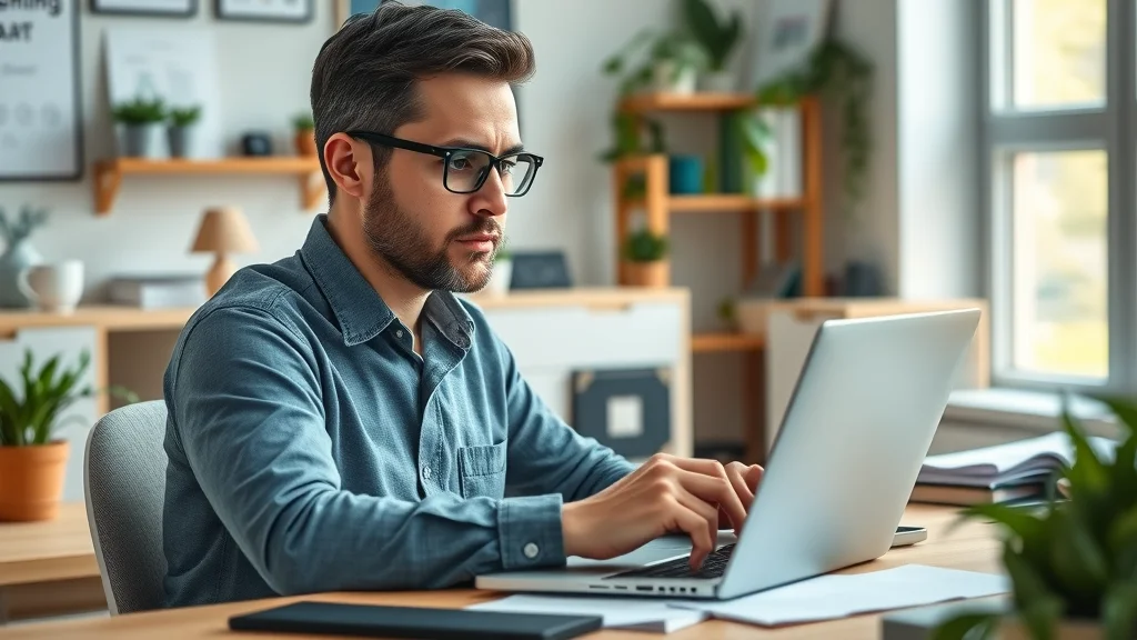 Modern digital workspace professional evaluating prompt packs and GPT options, taking notes on a laptop, organized home office with greenery and tech accessories, high realism