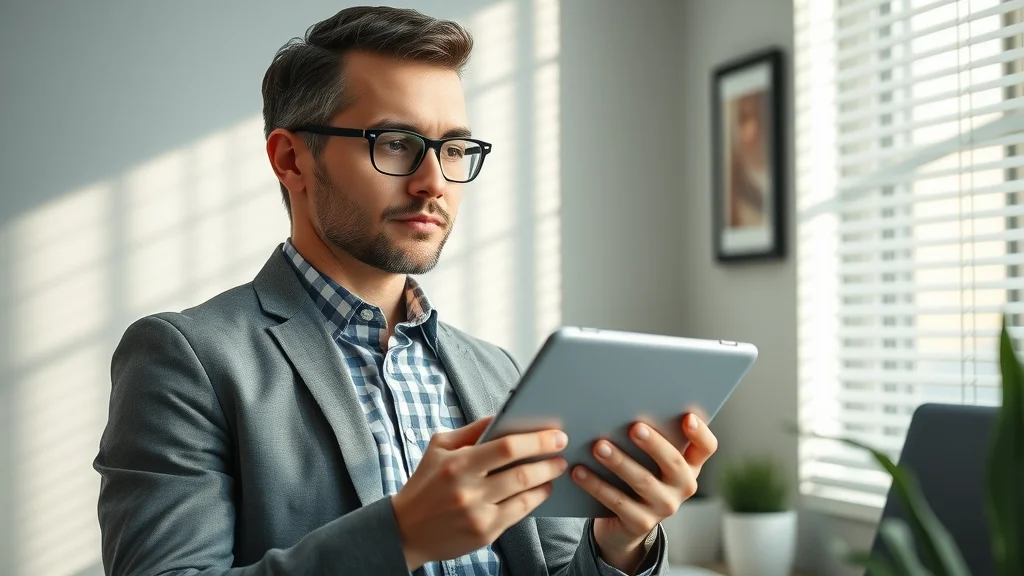 Entrepreneur reviewing digital tablet with FAQ on prompt packs, professional office corner, photorealistic, light and green palette