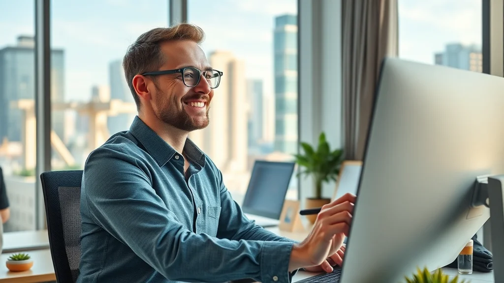 Project manager reviewing content output on a desktop monitor, photorealistic business office with motivational decor, slight breeze, urban office view