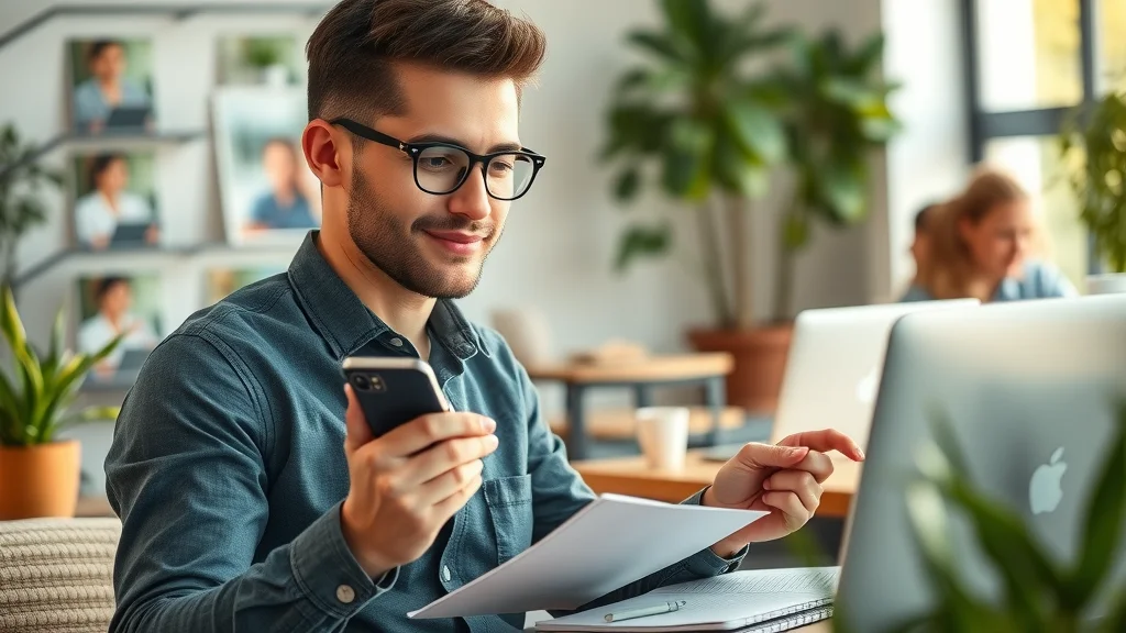 Professional content creator comparing prompt options, multitasking in a modern co-working office, photorealistic with natural background activity