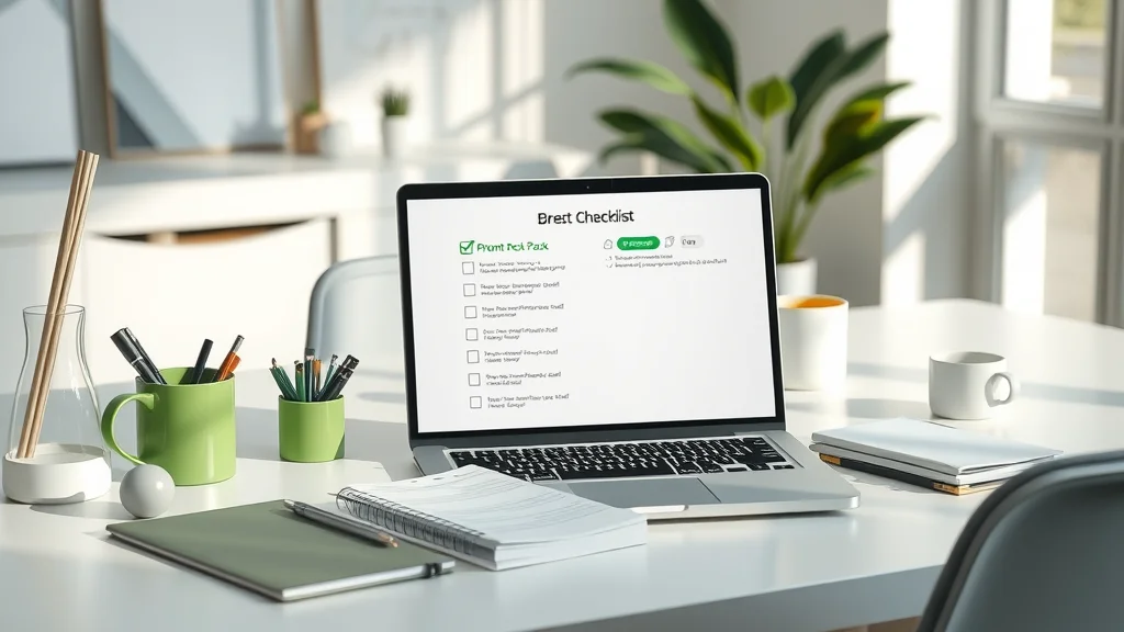 Modern checklist on desk, workspace featuring printed checklist and laptop screen with prompt pack options, well-lit office with greenery, commercial photorealism
