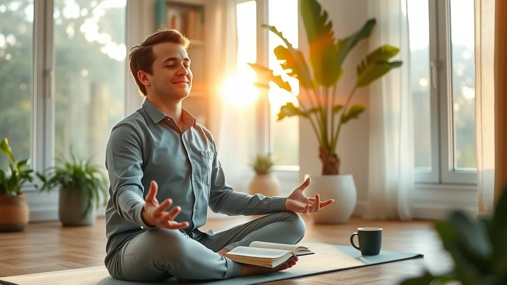 Business owner embracing a mindful morning routine for mental health, symbolizing daily habits that shape a resilient business mindset.