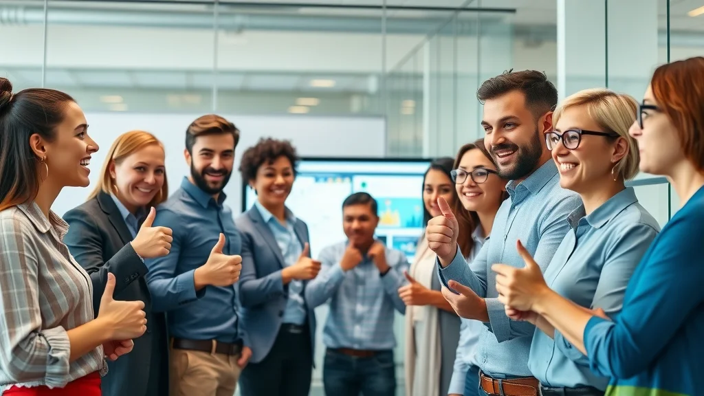 Enthusiastic small business team watching on-screen demo in glass-walled meeting room, realistic group engagement, bright modern style